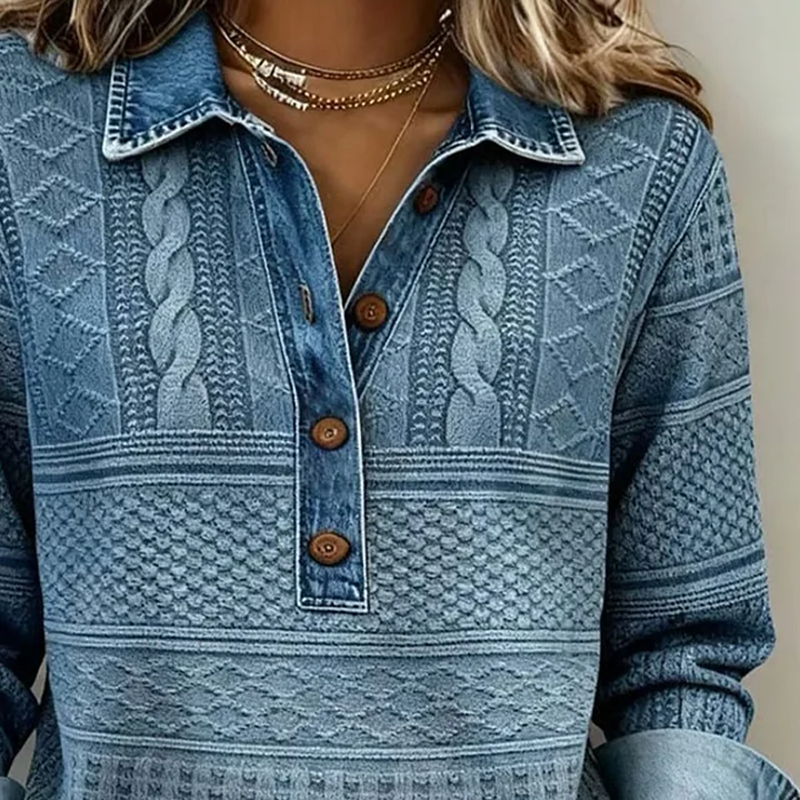Damen Jeans-Patchwork-Langarmhemd mit Kragen