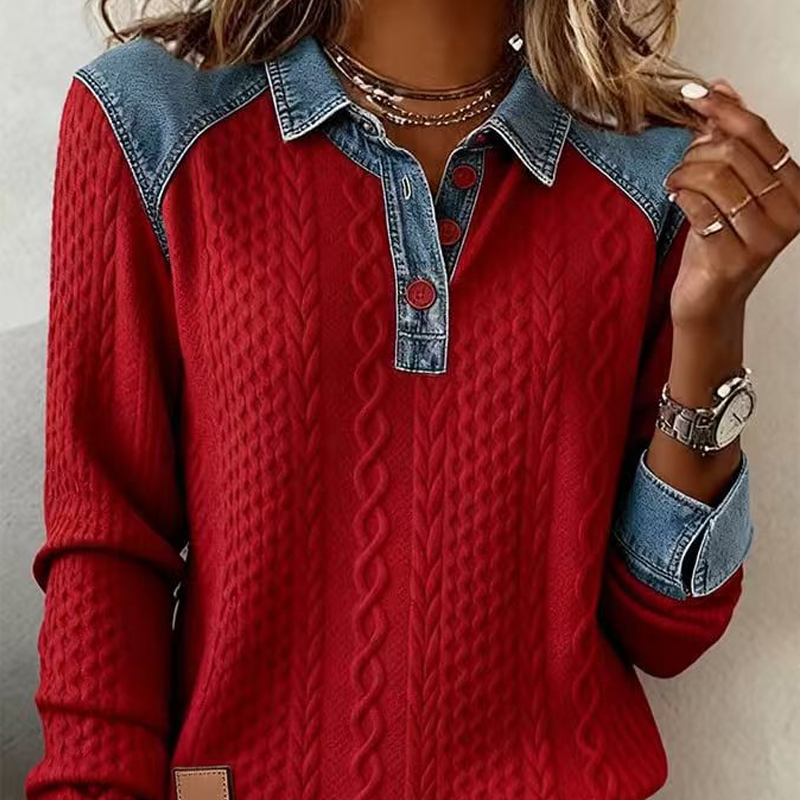 Damen Jeans-Patchwork-Langarmhemd mit Kragen