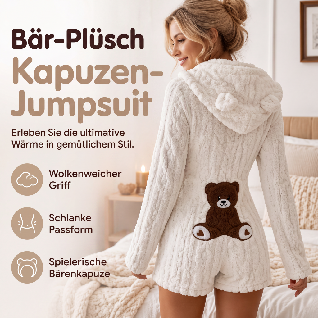 Plüsch-Jumpsuit mit Kapuze und langen Ärmeln für Damen