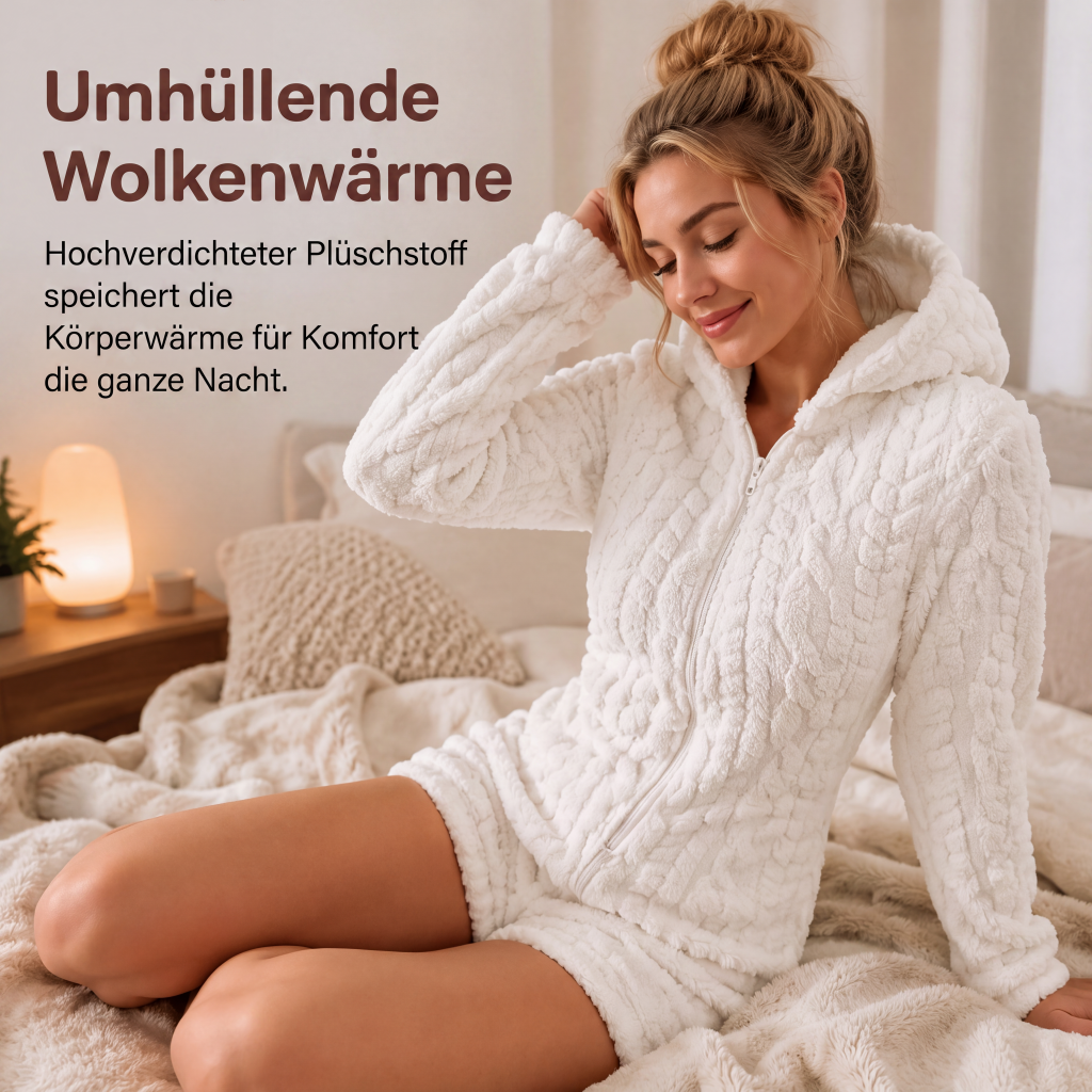 Plüsch-Jumpsuit mit Kapuze und langen Ärmeln für Damen