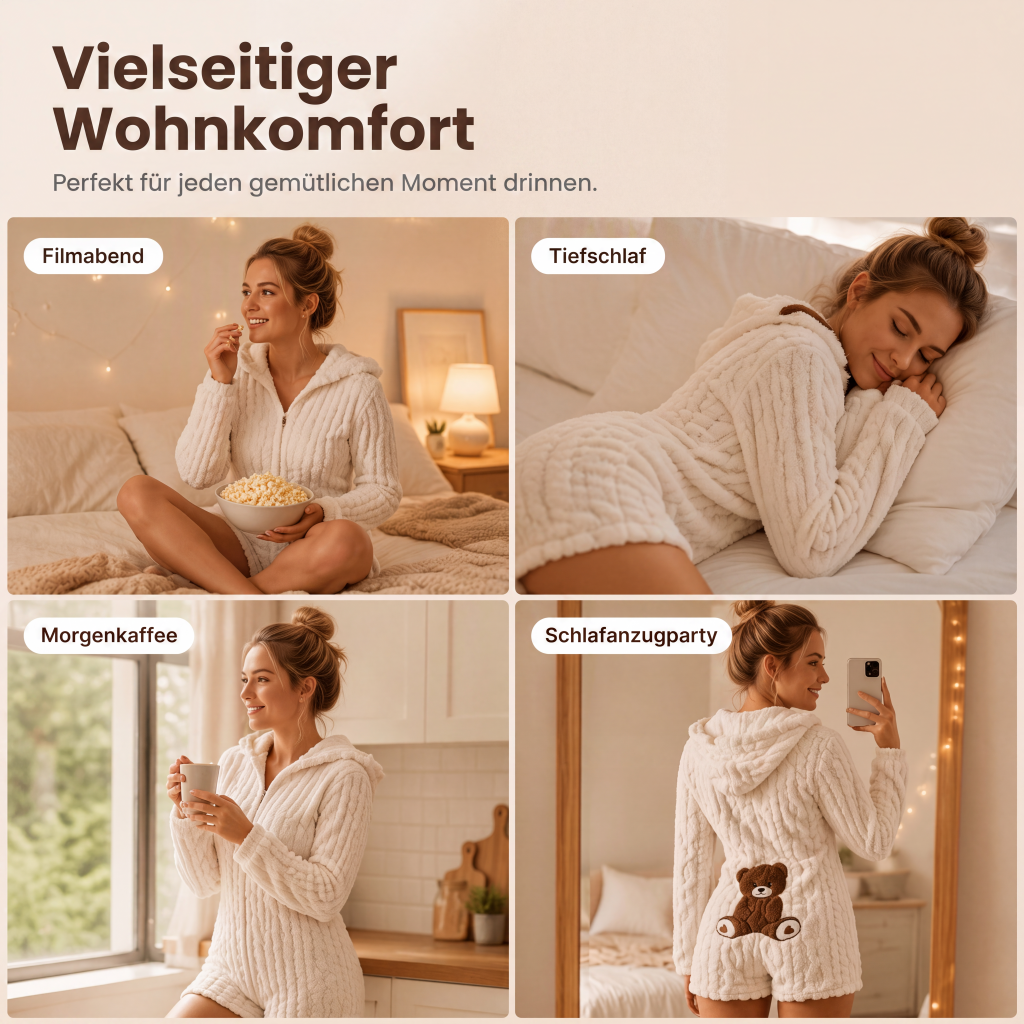 Plüsch-Jumpsuit mit Kapuze und langen Ärmeln für Damen