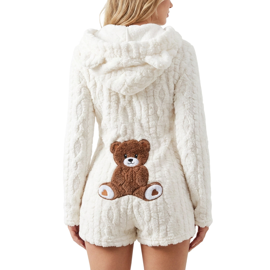 Plüsch-Jumpsuit mit Kapuze und langen Ärmeln für Damen