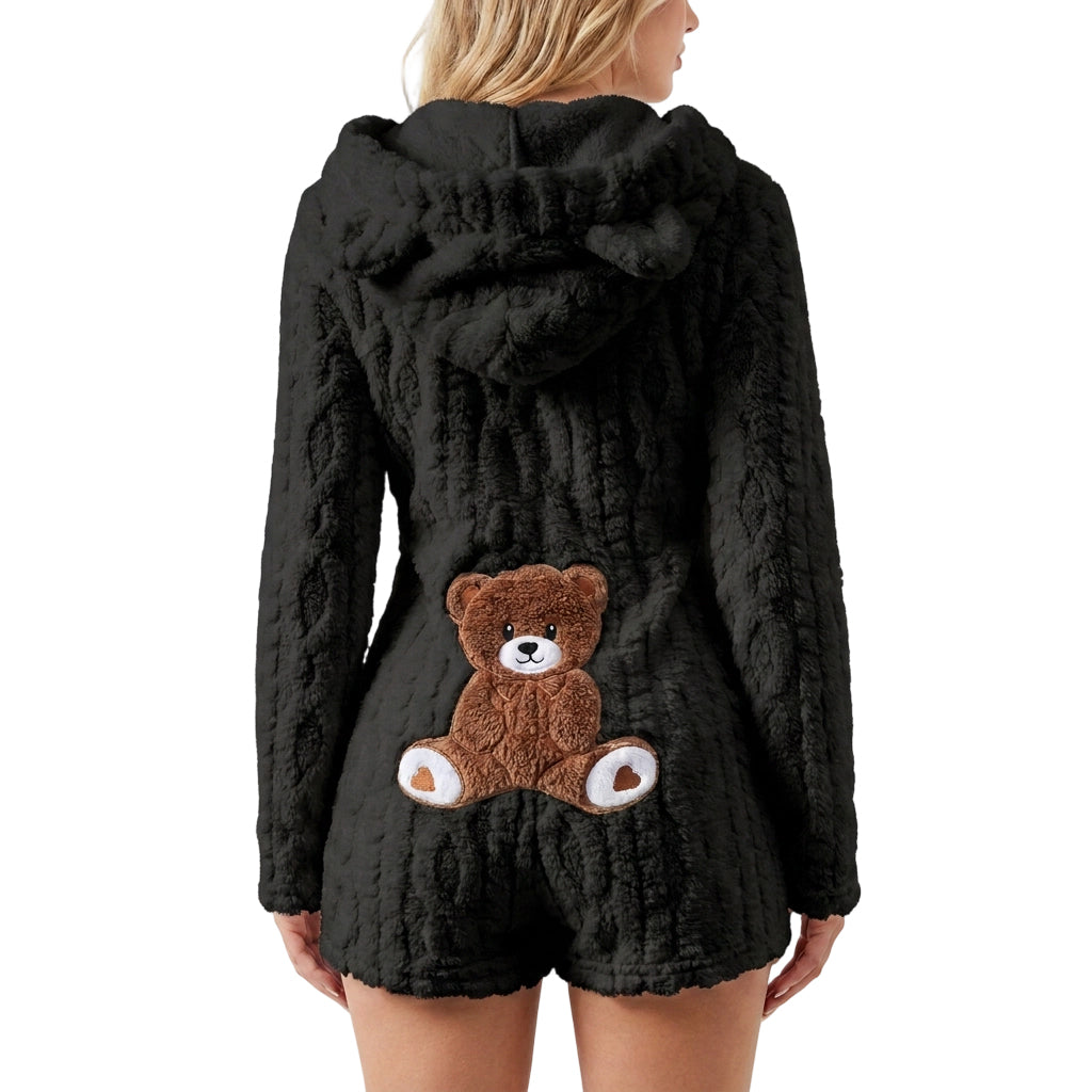 Plüsch-Jumpsuit mit Kapuze und langen Ärmeln für Damen