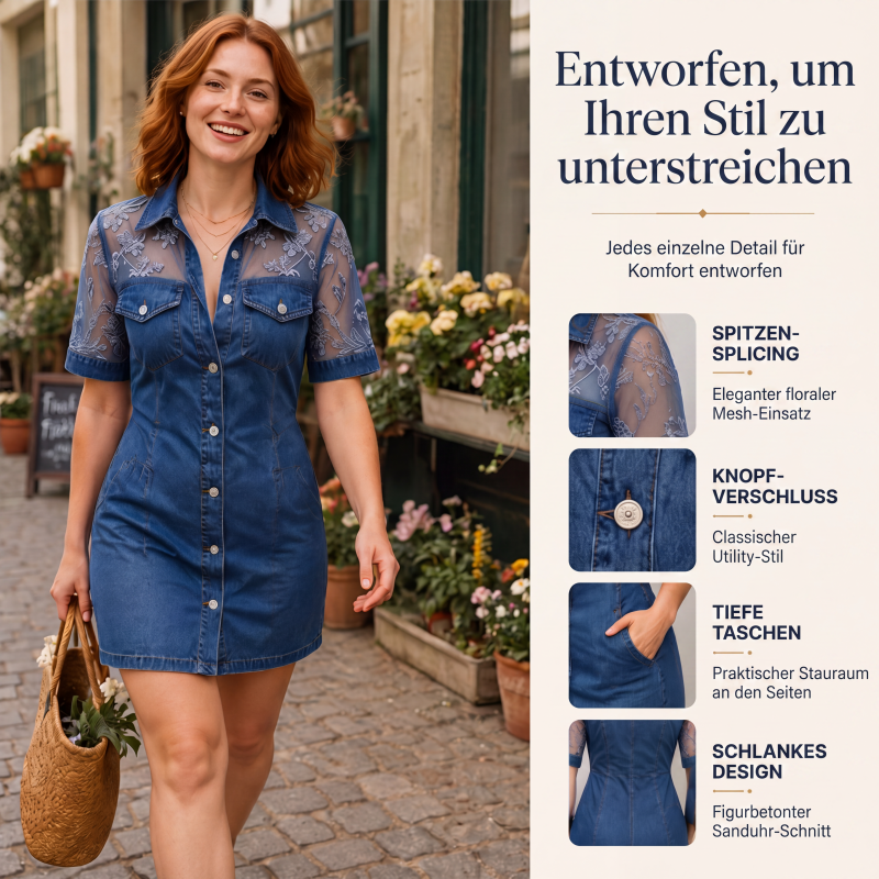 Damen Mode Transparentes Spitzen-Denim-Minikleid