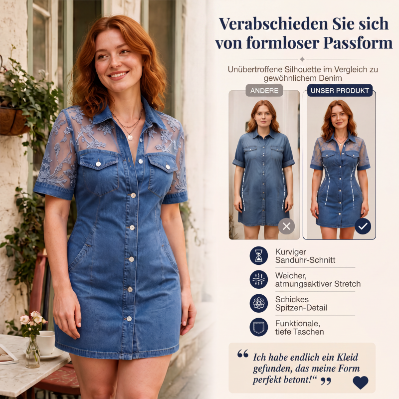 Damen Mode Transparentes Spitzen-Denim-Minikleid