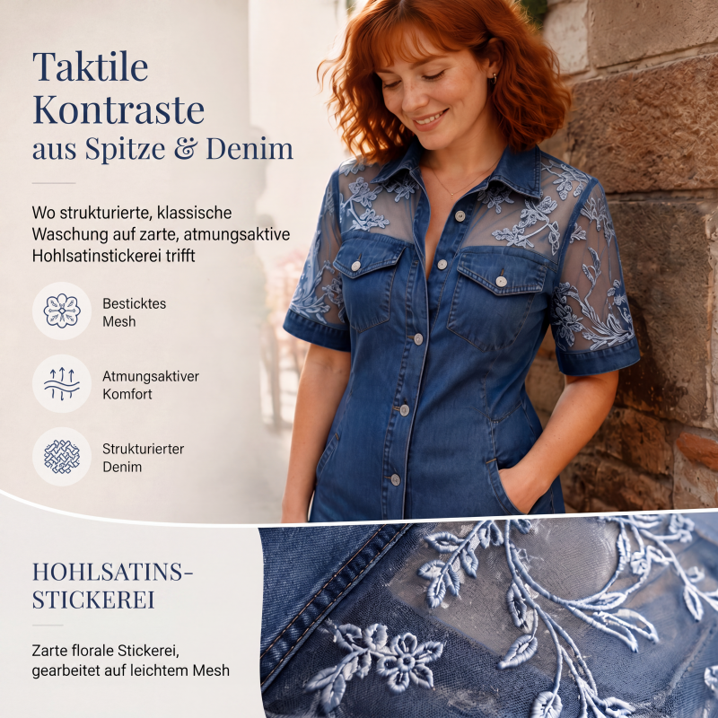 Damen Mode Transparentes Spitzen-Denim-Minikleid