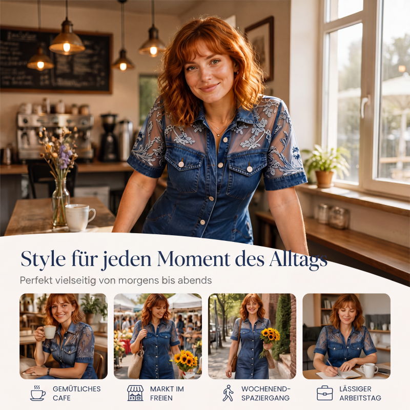 Damen Mode Transparentes Spitzen-Denim-Minikleid