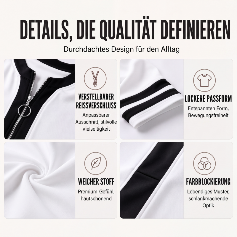 Schickes Damen-Oberteil mit Reißverschluss, V-Ausschnitt und Farbblock-Design