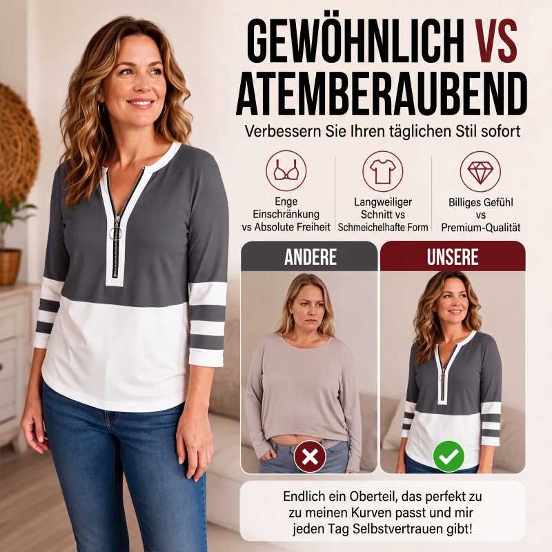 Schickes Damen-Oberteil mit Reißverschluss, V-Ausschnitt und Farbblock-Design