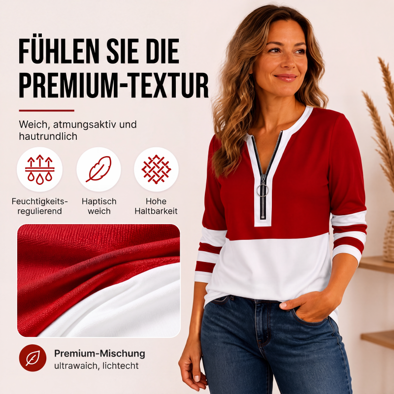 Schickes Damen-Oberteil mit Reißverschluss, V-Ausschnitt und Farbblock-Design
