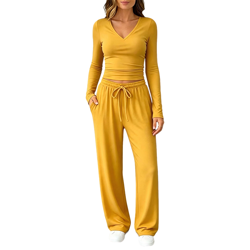 🏆 Verkaufsschlager – jetzt halber Preis! Damen-Set aus V-Ausschnitt-Langarmshirt und Weithosen