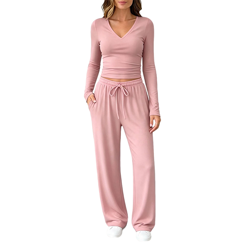 🏆 Verkaufsschlager – jetzt halber Preis! Damen-Set aus V-Ausschnitt-Langarmshirt und Weithosen