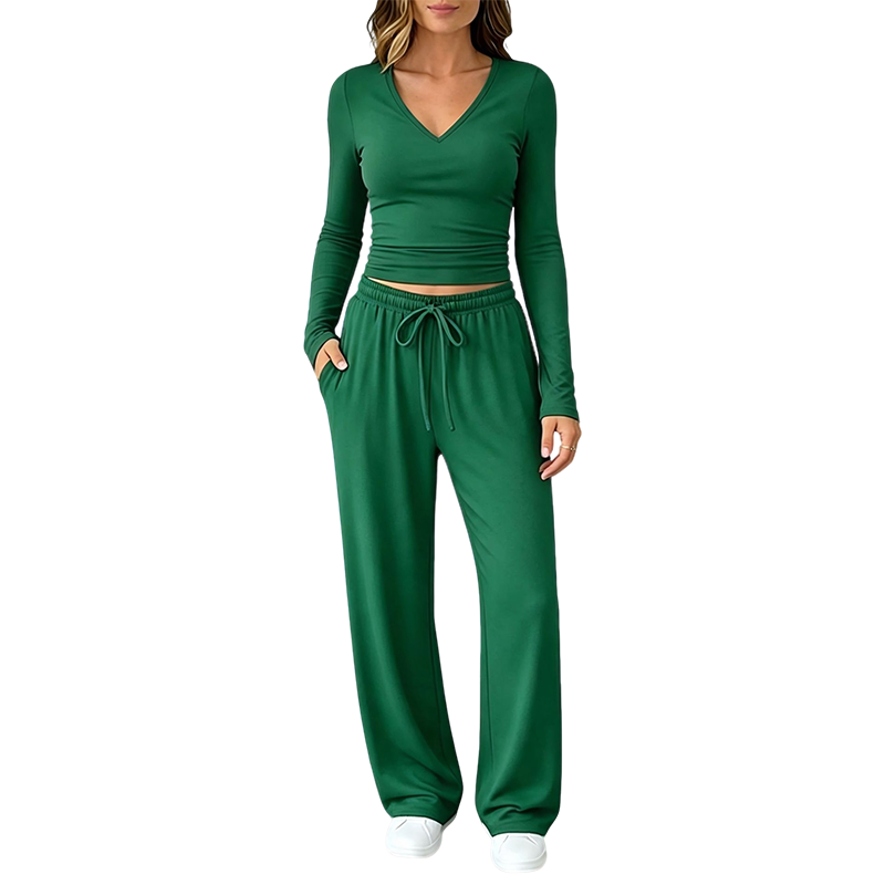 🏆 Verkaufsschlager – jetzt halber Preis! Damen-Set aus V-Ausschnitt-Langarmshirt und Weithosen
