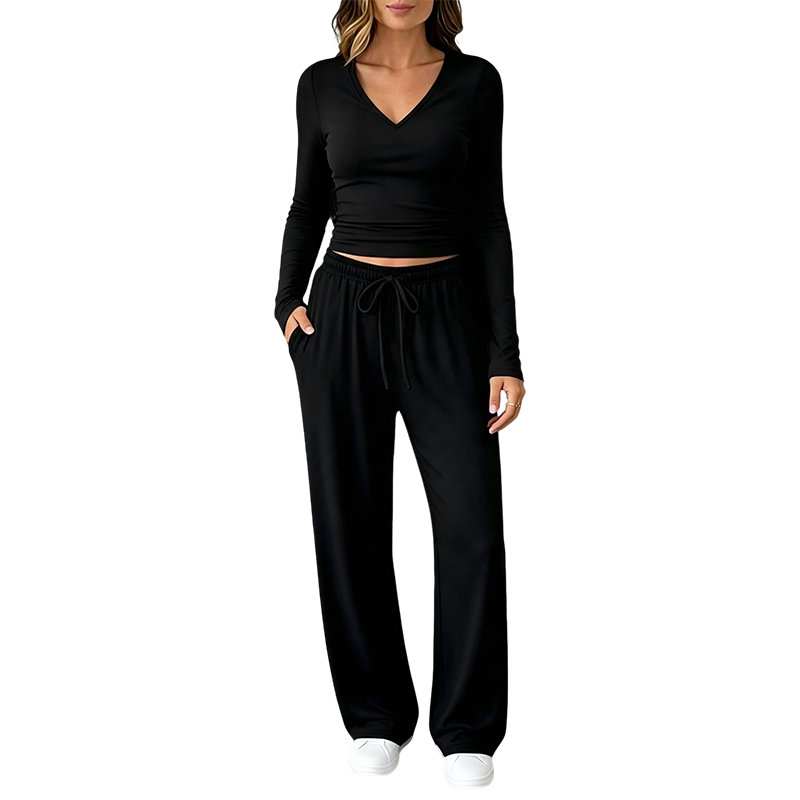 🏆 Verkaufsschlager – jetzt halber Preis! Damen-Set aus V-Ausschnitt-Langarmshirt und Weithosen