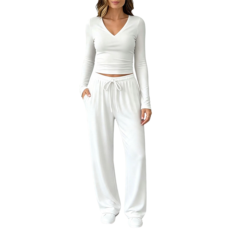 🏆 Verkaufsschlager – jetzt halber Preis! Damen-Set aus V-Ausschnitt-Langarmshirt und Weithosen