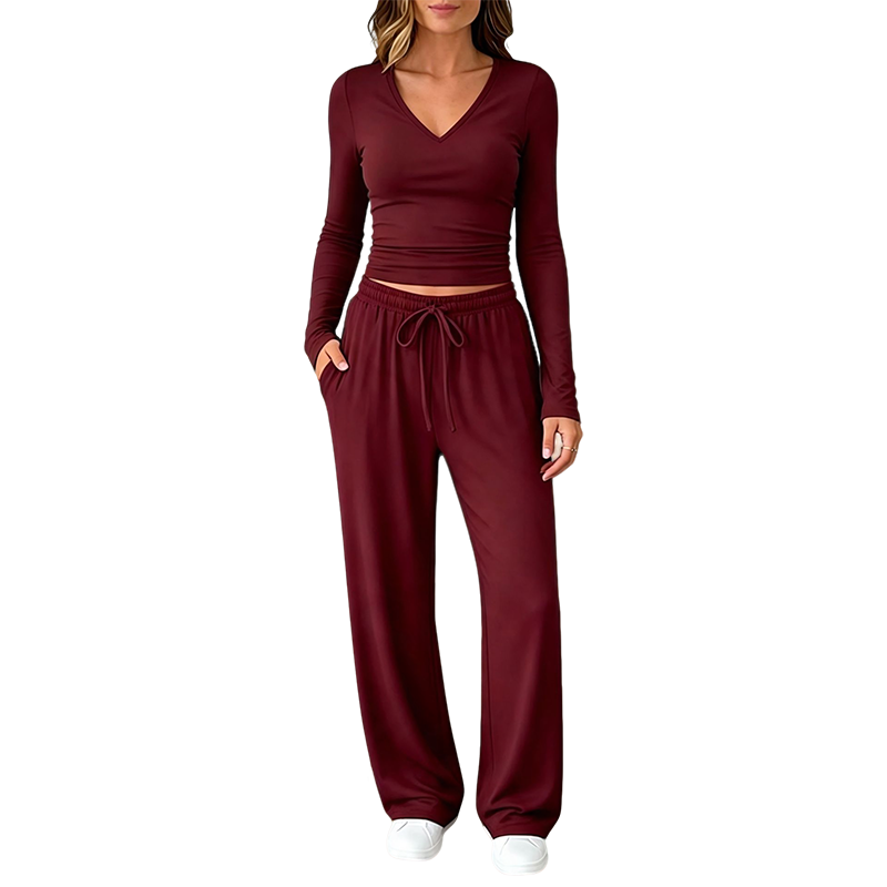 🏆 Verkaufsschlager – jetzt halber Preis! Damen-Set aus V-Ausschnitt-Langarmshirt und Weithosen
