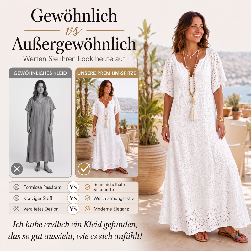 Damen Maxikleid mit V-Ausschnitt und Spitzenhäkelei