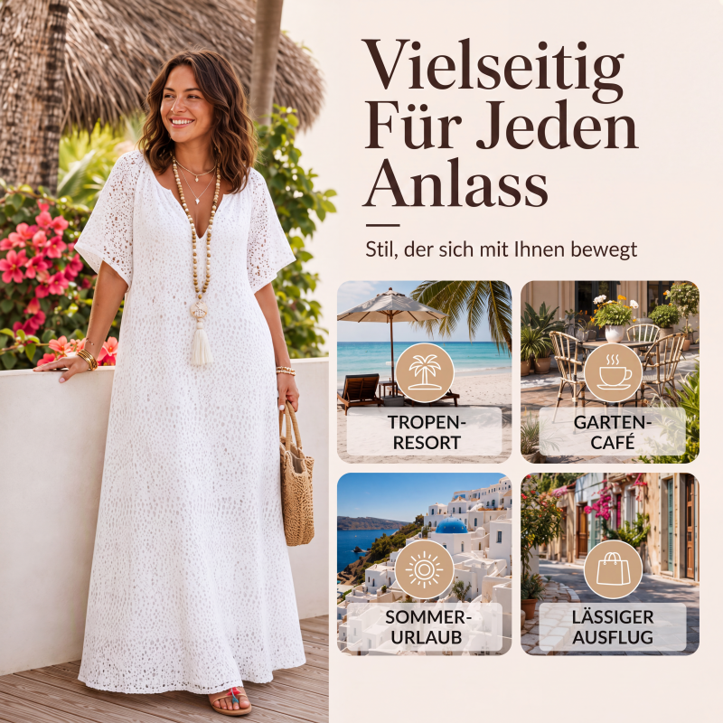 Damen Maxikleid mit V-Ausschnitt und Spitzenhäkelei