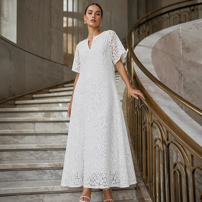 Damen Maxikleid mit V-Ausschnitt und Spitzenhäkelei