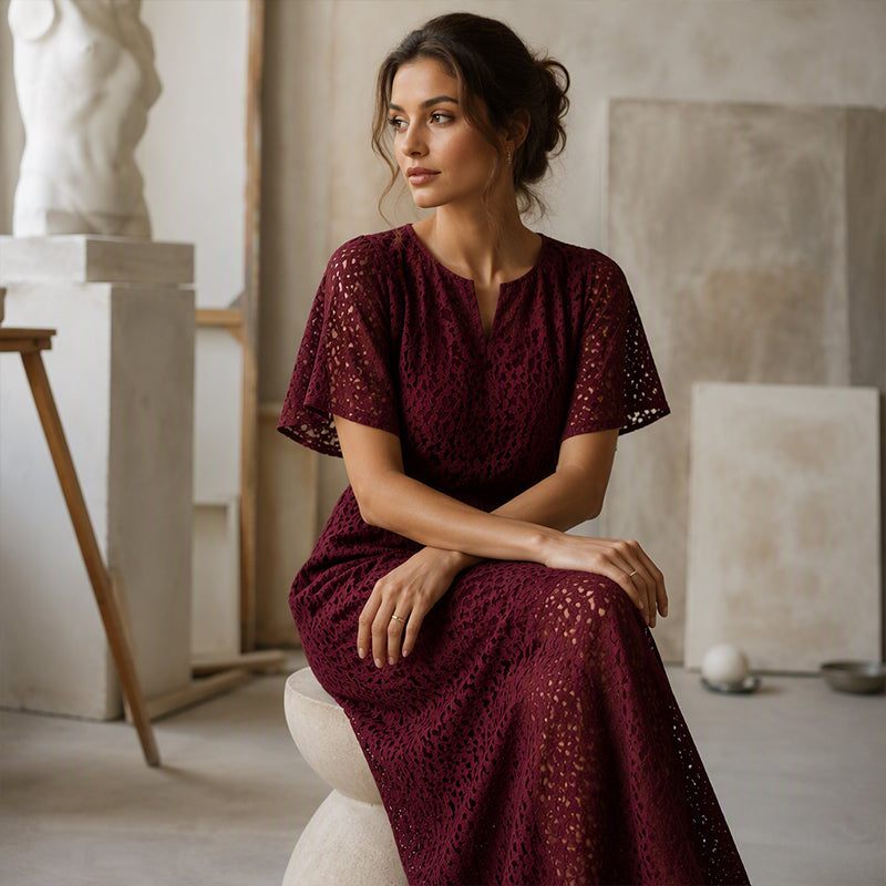 Damen Maxikleid mit V-Ausschnitt und Spitzenhäkelei