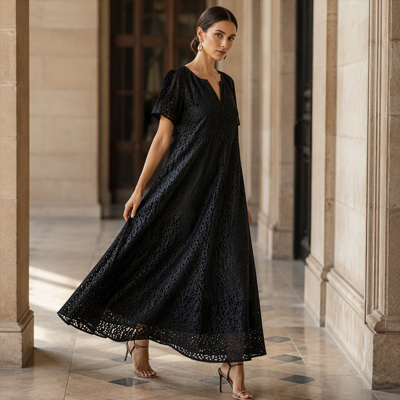 Damen Maxikleid mit V-Ausschnitt und Spitzenhäkelei