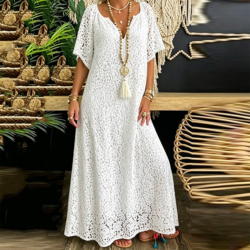 Damen Maxikleid mit V-Ausschnitt und Spitzenhäkelei