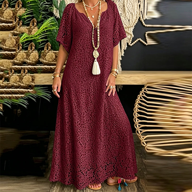 Damen Maxikleid mit V-Ausschnitt und Spitzenhäkelei