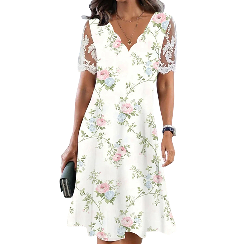 Damenkleid mit Blumenmuster und Spitzenärmeln
