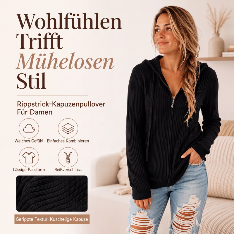 Gerippter Kapuzenpullover mit Reißverschluss für Damen