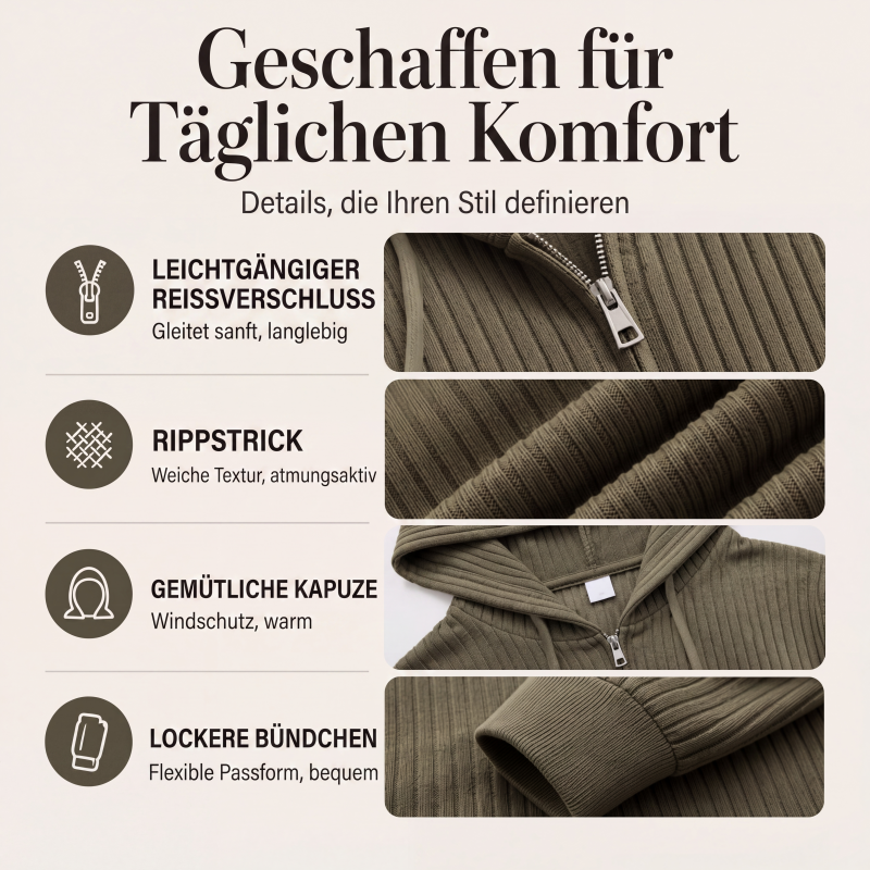 Gerippter Kapuzenpullover mit Reißverschluss für Damen