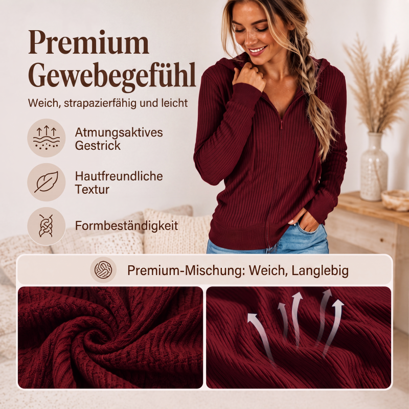 Gerippter Kapuzenpullover mit Reißverschluss für Damen