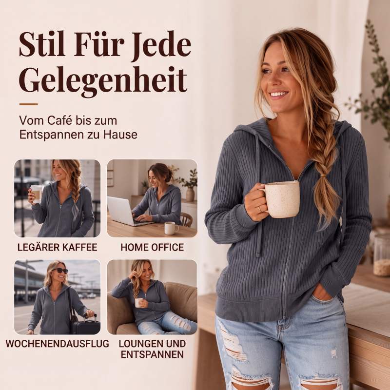 Gerippter Kapuzenpullover mit Reißverschluss für Damen