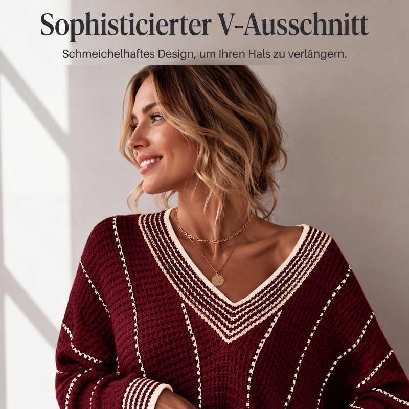 Locker sitzender gestreifter Damen-Freizeitpullover mit V-Ausschnitt