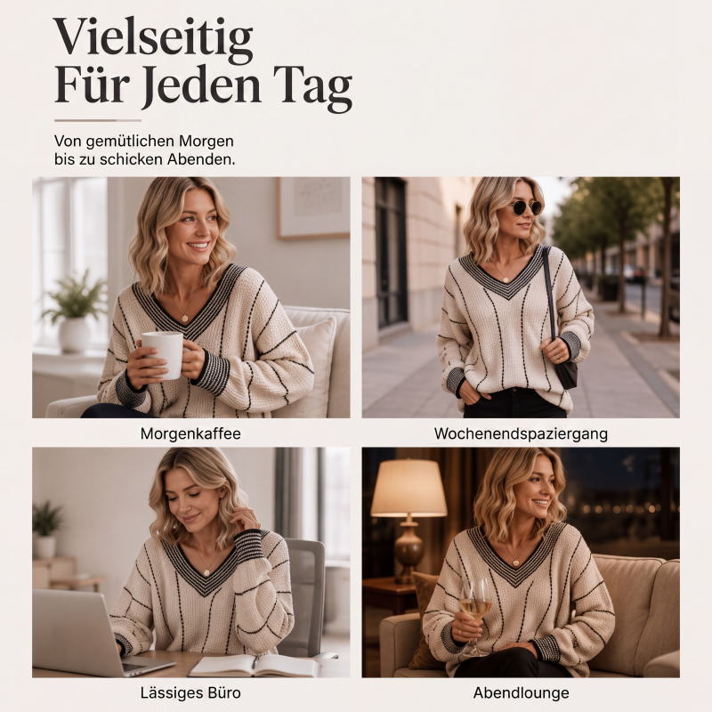 Locker sitzender gestreifter Damen-Freizeitpullover mit V-Ausschnitt