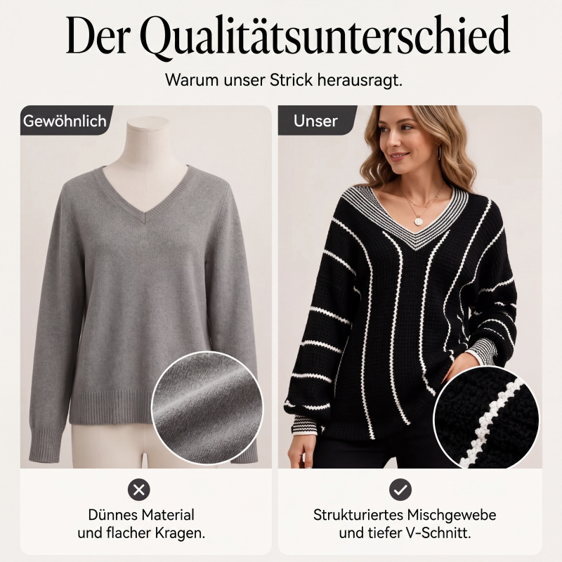 Locker sitzender gestreifter Damen-Freizeitpullover mit V-Ausschnitt