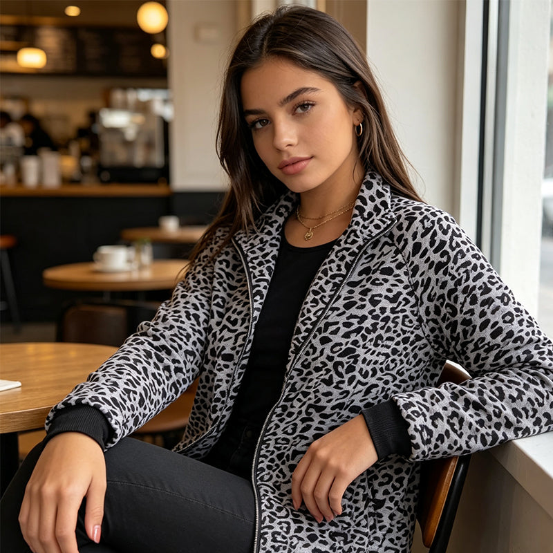 🍂 Herbst-Bestseller – 50 % Rabatt！🧥Damen-Leopardenjacke mit Reißverschluss