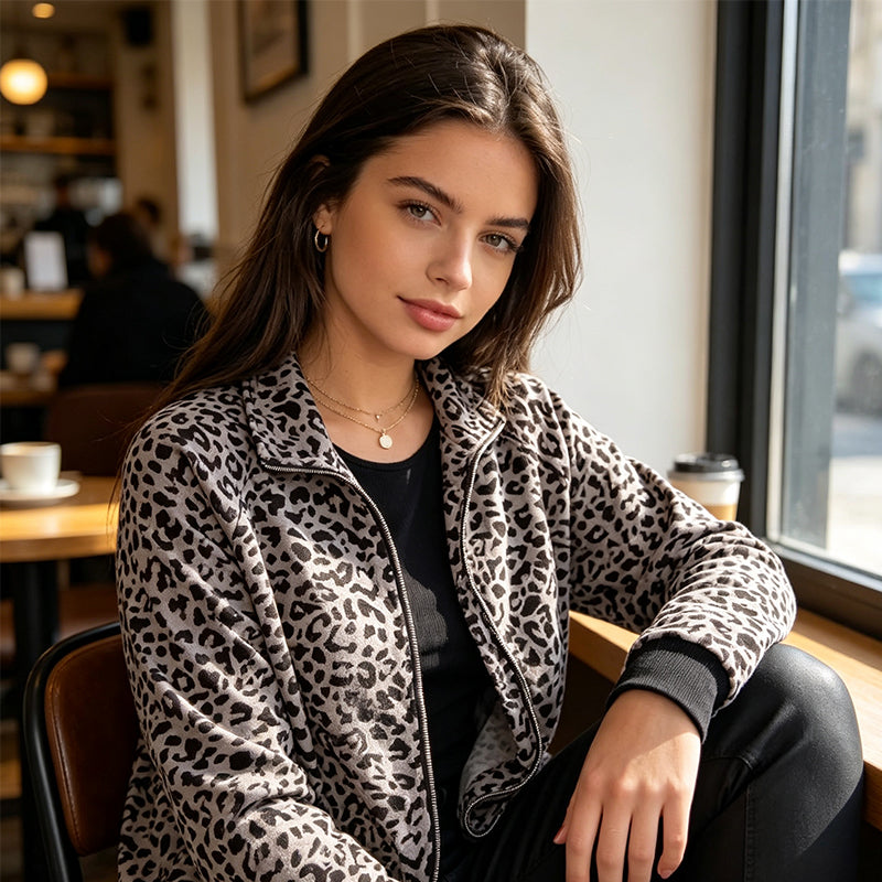 🍂 Herbst-Bestseller – 50 % Rabatt！🧥Damen-Leopardenjacke mit Reißverschluss