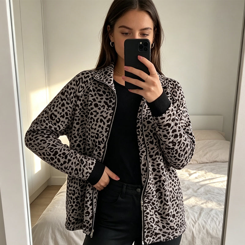 🍂 Herbst-Bestseller – 50 % Rabatt！🧥Damen-Leopardenjacke mit Reißverschluss