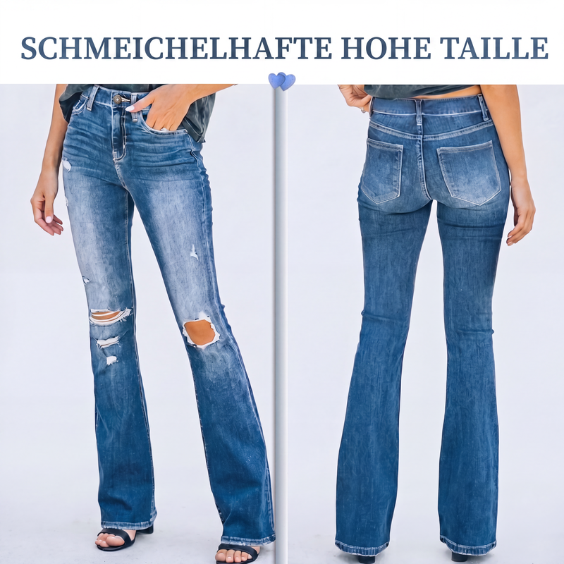 Damen High-Waist-Zerrissene Schlagjeans