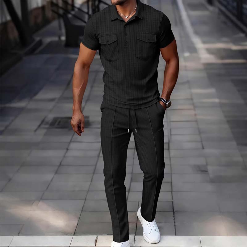 Herren-Set aus Waffelstrick-Kurzarm-Oberteil und Hose