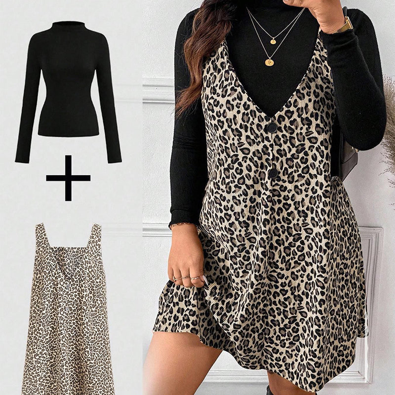 🐆50 % Rabatt！✨🛍️Leoparden-Kleid und Top im Lagenlook