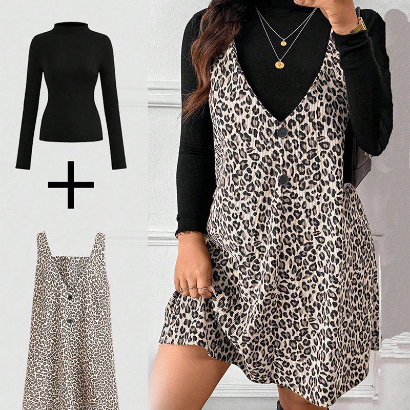🐆50 % Rabatt！✨🛍️Leoparden-Kleid und Top im Lagenlook