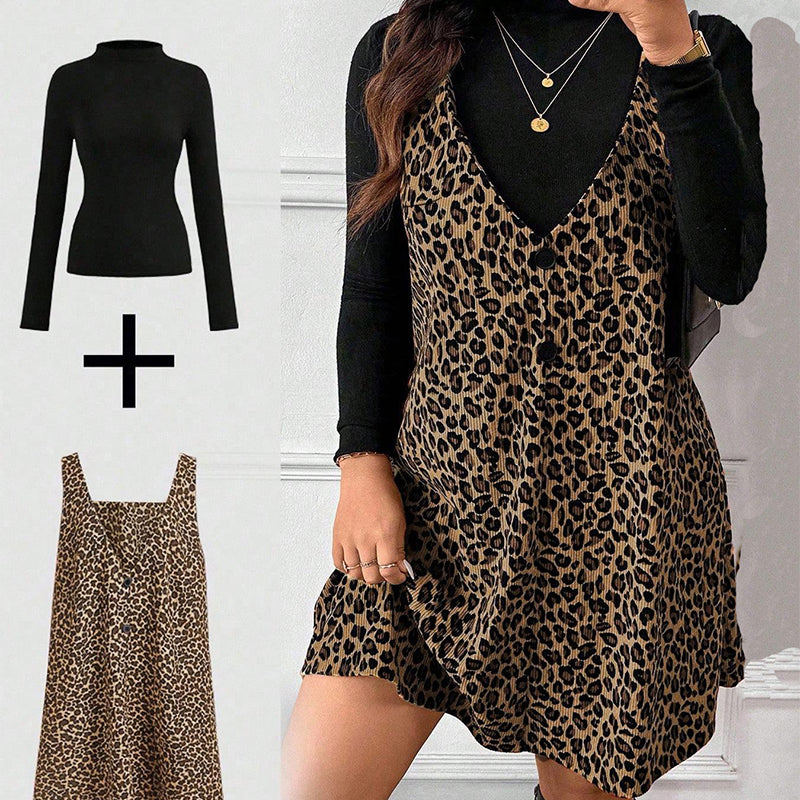 🐆50 % Rabatt！✨🛍️Leoparden-Kleid und Top im Lagenlook