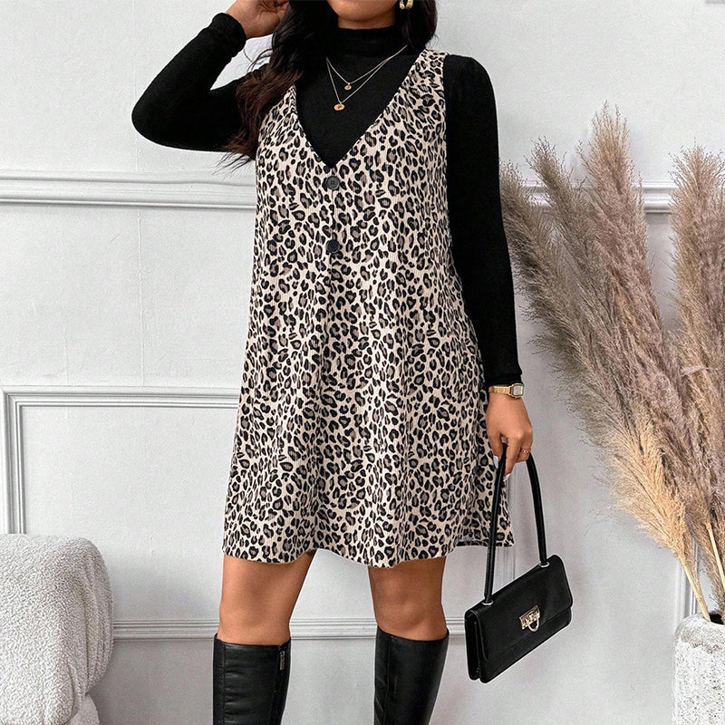 🐆50 % Rabatt！✨🛍️Leoparden-Kleid und Top im Lagenlook