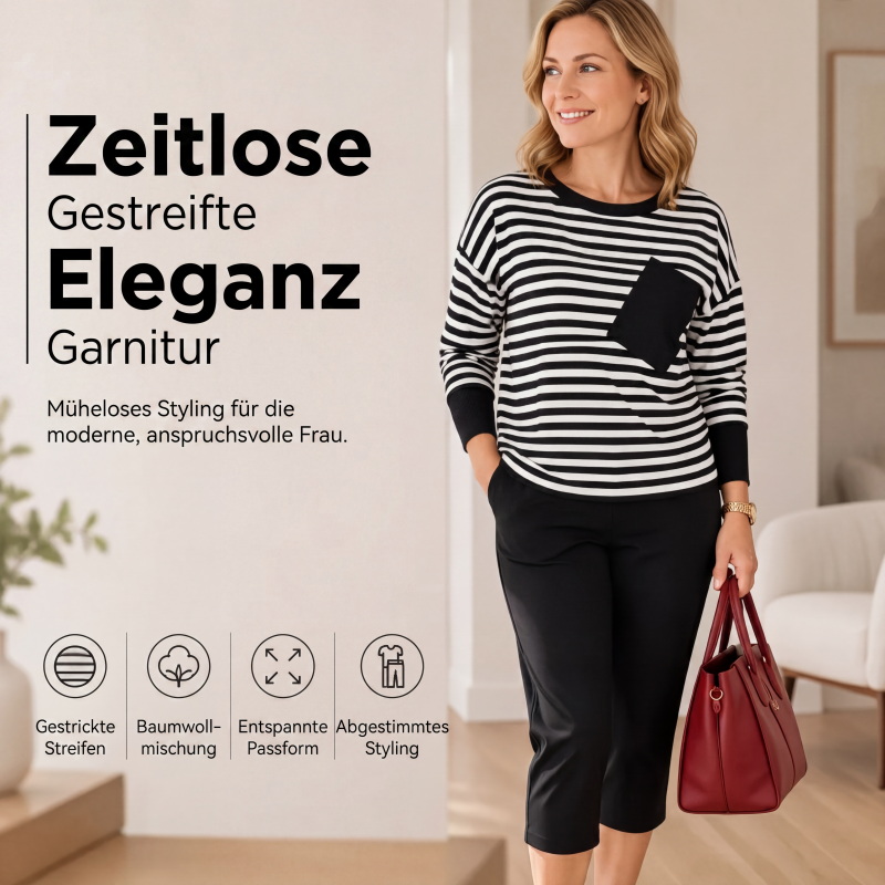 Zweiteiliges gestreiftes Set für Damen: Langarm-Oberteil und Hose