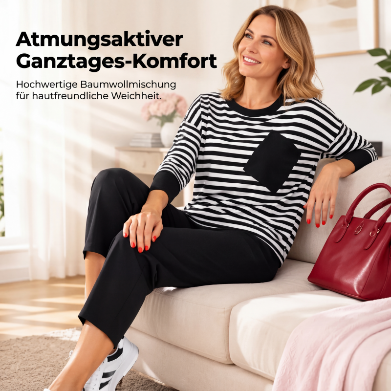 Zweiteiliges gestreiftes Set für Damen: Langarm-Oberteil und Hose