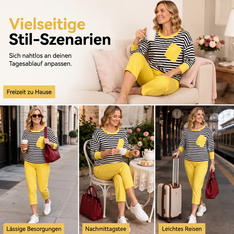 Zweiteiliges gestreiftes Set für Damen: Langarm-Oberteil und Hose