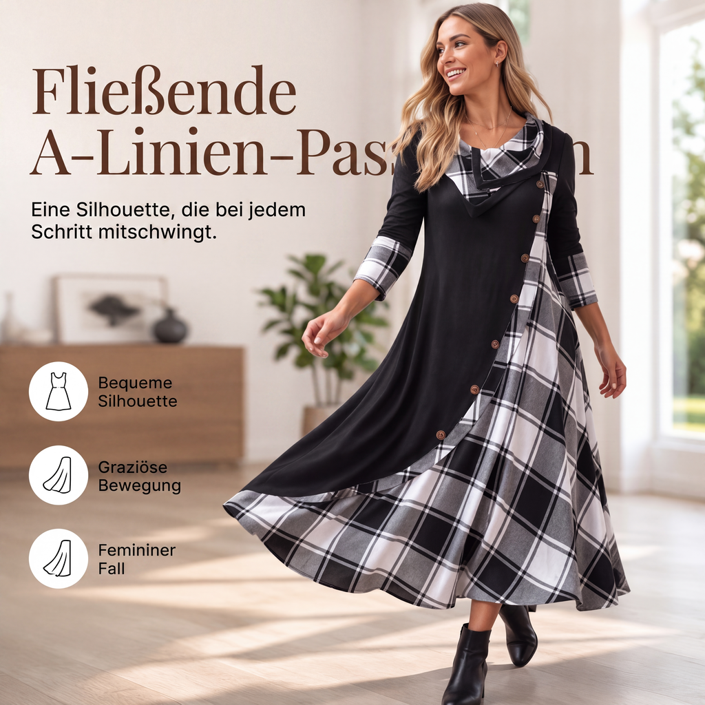 Damen Maxikleid mit Karomuster und Kragen im Patchwork-Stil