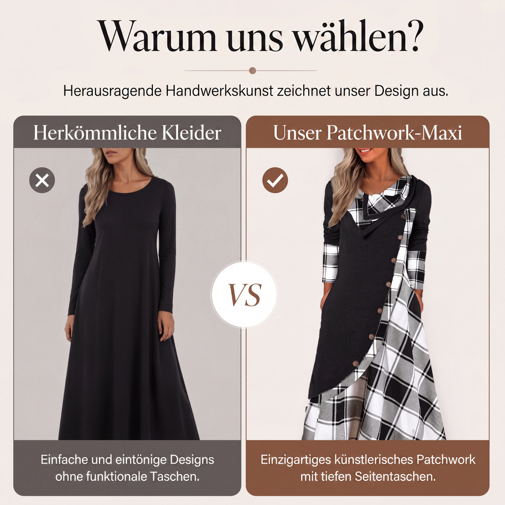 Damen Maxikleid mit Karomuster und Kragen im Patchwork-Stil
