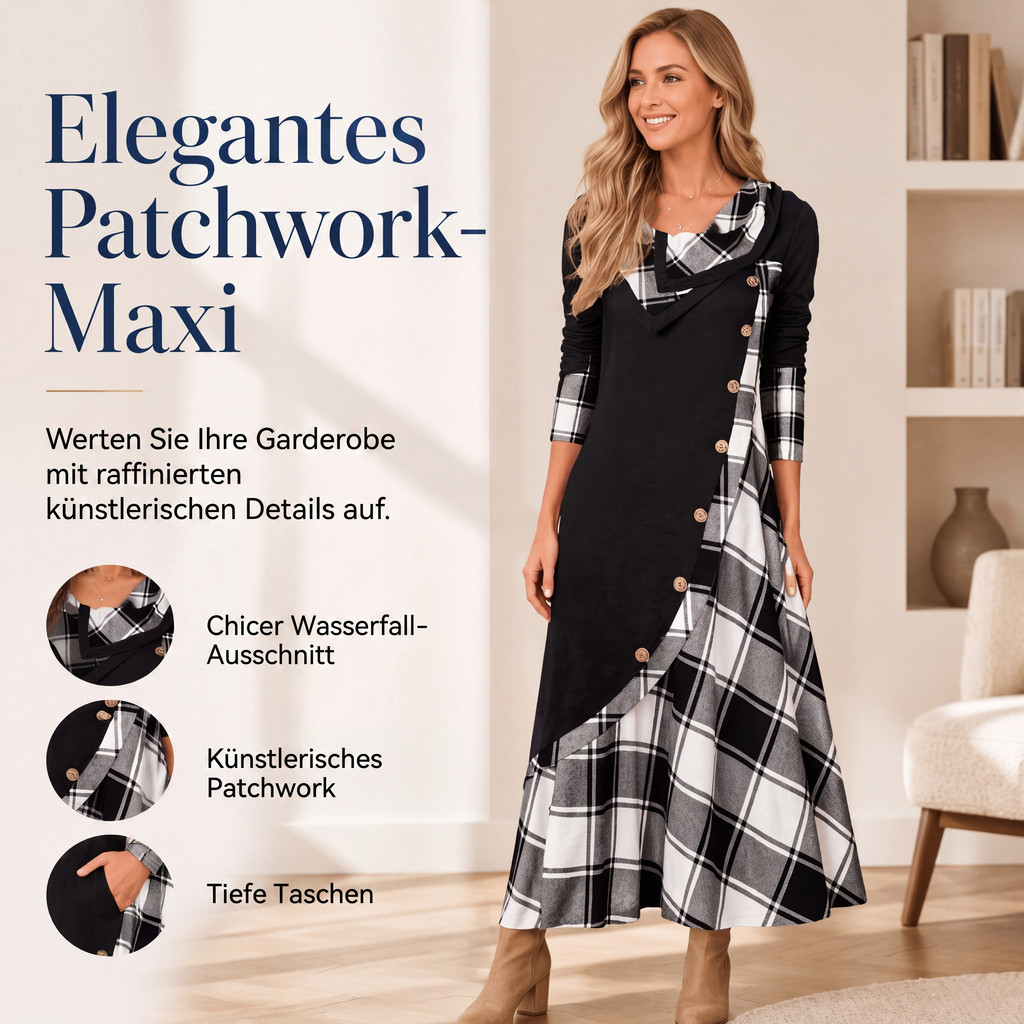 Damen Maxikleid mit Karomuster und Kragen im Patchwork-Stil